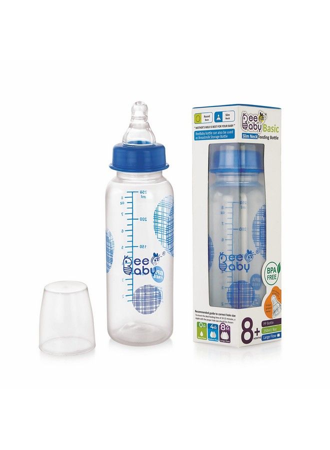 Beebaby Basic Slim;Regular Neck Baby Feeding Bottle With Fast Flow Anti Colic Nipple Infants;New Born;Toddlers 100% Bpa Free 250 Ml ; 8 Oz. (Blue) 8 Months + - Image 1