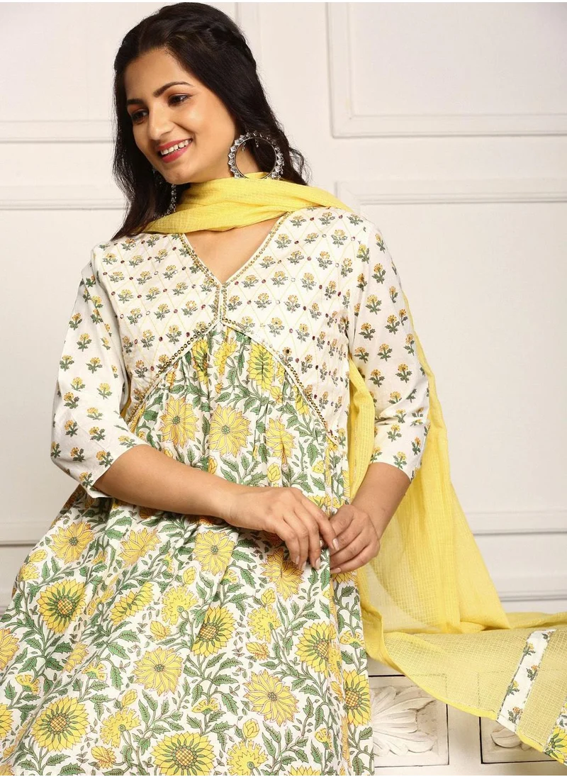 آي شين Women's Multicoloured 100% Cotton Embellished Tunic Full Length Palazzo Straight Fit Kurta Set
