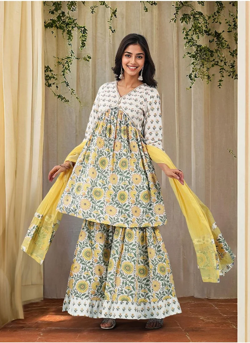 آي شين Women's Multicoloured 100% Cotton Embellished Tunic Full Length Palazzo Straight Fit Kurta Set
