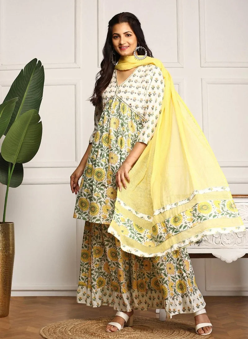 ISHIN Women's Multicoloured 100% Cotton Embellished Tunic Full Length Palazzo Straight Fit Kurta Set