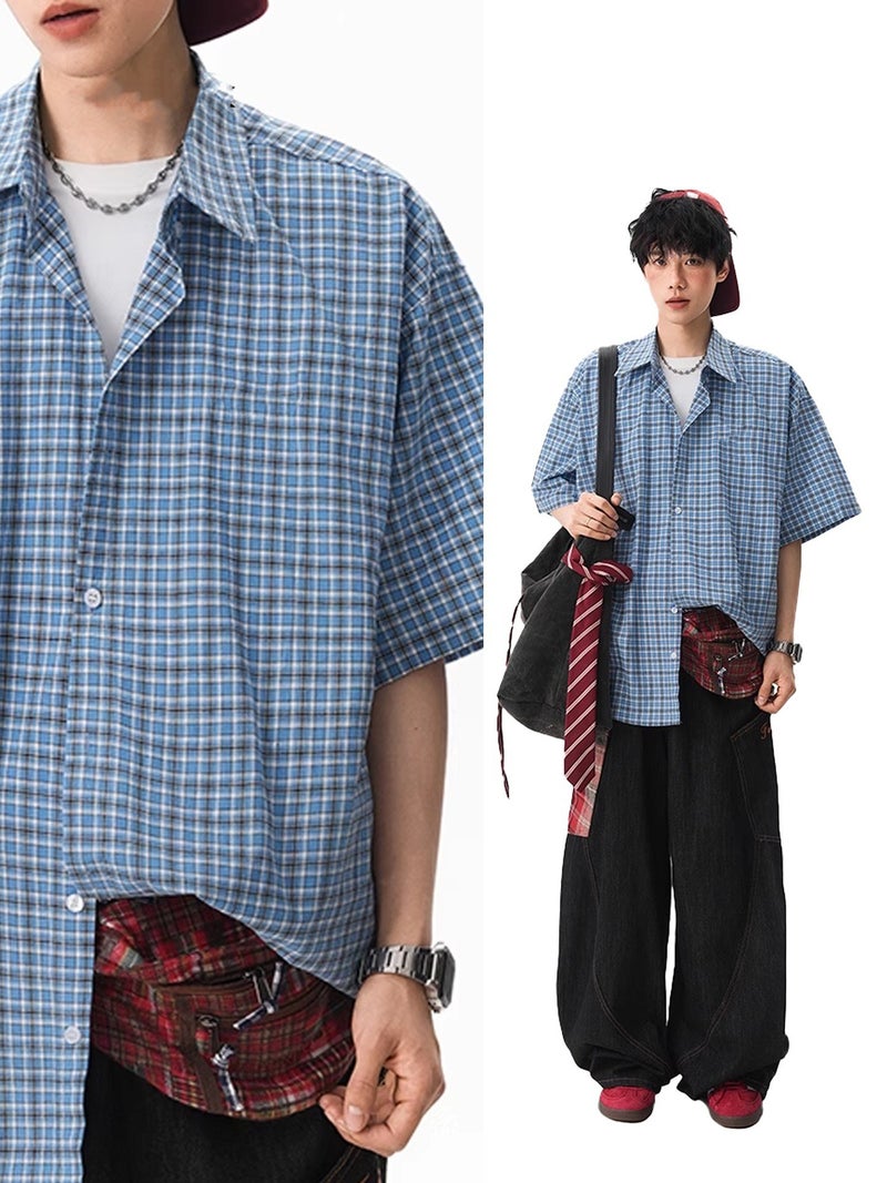 Men's Plaid Short Sleeve Casual Shirt with Letter Embroidery