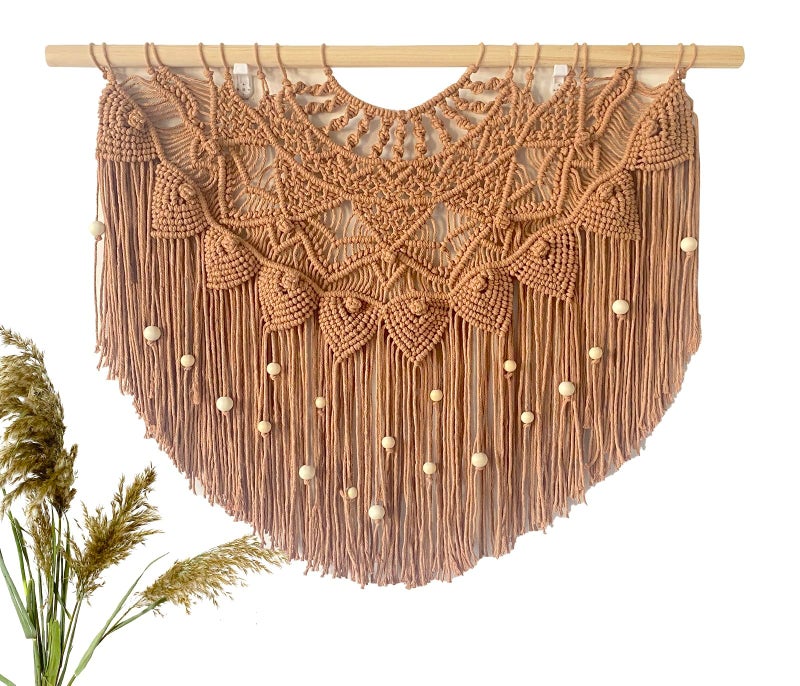 Youngeast Large Macrame Wall Hanging Boho Beaded Curtain for Window Macrame Bedroom Headboard Living Room Wall Art Tassel Tapestry Bohemian Woven Wall Decor 31" W X 25" H (Khaki) - Image 1