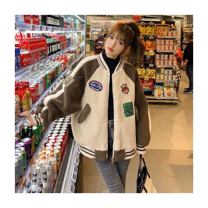 Jacket coat womens autumn and winter 2024 new lamb fleece design casual top temperament short baseball suit tide Apricot 