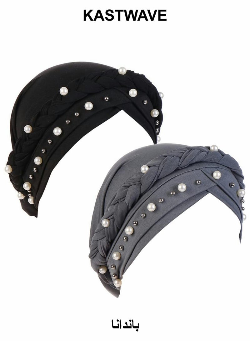 KASTWAVE Women's Bandana Beaded Braided Bandana Hat Head Scarf Cancer Bandana for Women Cancer Chemotherapy Beanie Hat Headwear 2Pcs - Image 1