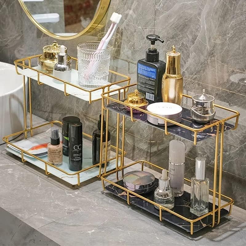 Antole Bathroom Organizer Countertop,Marble Makeup Organizer,Bathroom Organizer Makeup Organizer,Bathroom Organizers and Storage, Cosmetic Shelf for Perfume,Dresser,Toiletries (2Tier-White Gold) - Image 2