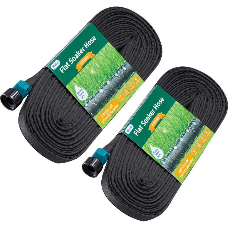 Hlinker Flat Soaker Hose 100 FT for Garden Beds, 50Ft 2Packs 1/2" Linkable Consistent Drip Irrigation Hose Save 80% Water, Leakproof Heavy Duty Double Layer Sprinkler Hose - Image 1