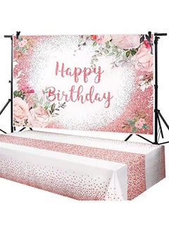 Breling 2 Pcs Pink Rose Gold Birthday Party Supplies Happy Birthday Backdrop Floral Banner Rose Gold Plastic Tablecloth Table Cover For Photoshoot For Girls Women  - Image 1