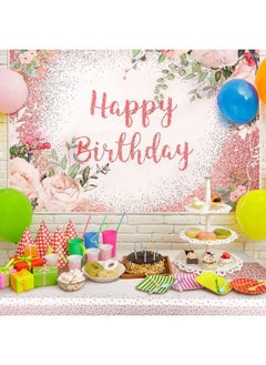 Breling 2 Pcs Pink Rose Gold Birthday Party Supplies Happy Birthday Backdrop Floral Banner Rose Gold Plastic Tablecloth Table Cover For Photoshoot For Girls Women  - Image 3