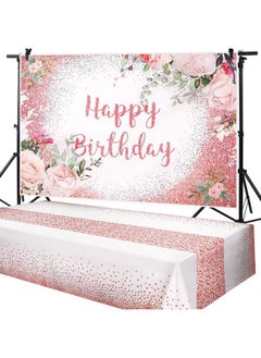 Breling 2 Pcs Pink Rose Gold Birthday Party Supplies Happy Birthday Backdrop Floral Banner Rose Gold Plastic Tablecloth Table Cover For Photoshoot For Girls Women  - Image 2
