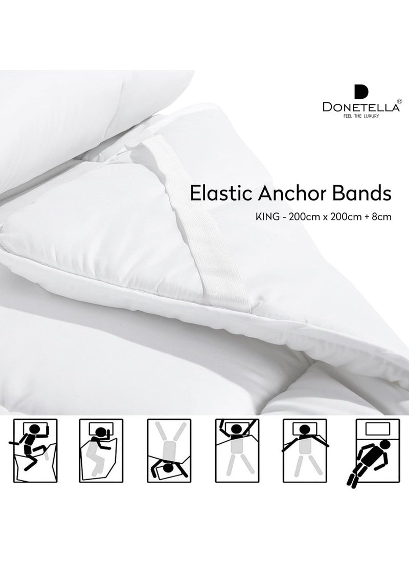 Donetella - Cotton Hotel Mattress Topper-1000GSM King Size 200x200+8 Cm  Supersoft Fabric With Anchor Band, White - Image 1