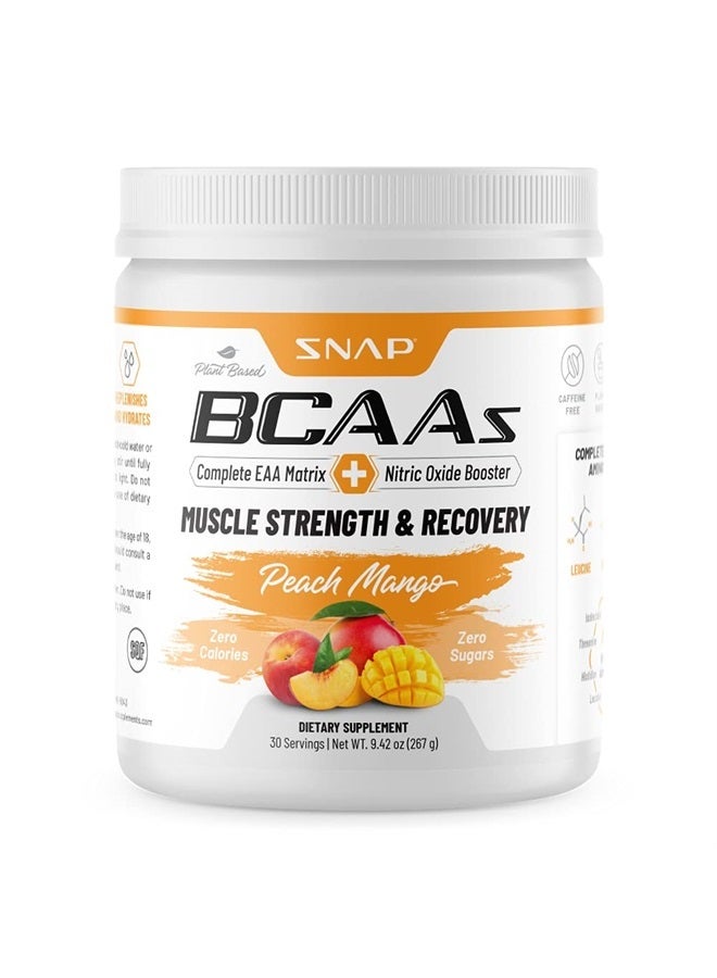 SNAP SUPPLEMENTS Snap BCAA Powder Essential Amino Supplement with Nitric Oxide Booster - Pre Workout Powder, Recovery Supplements Post Workout, Muscle Strength, BCAA for Women & Men (30 Servings) (Peach Mango) - Image 1