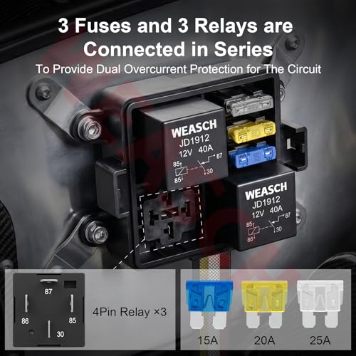 Weasch 12V 3 Way Pre-Wired Waterproof Fuse Relay Box, 3 Relays and 3 ATC/ATO Blade Fuses, 4-Pin 40A Relay Block and Kit, for Cars Truck Marine Boat Jeep - Image 3