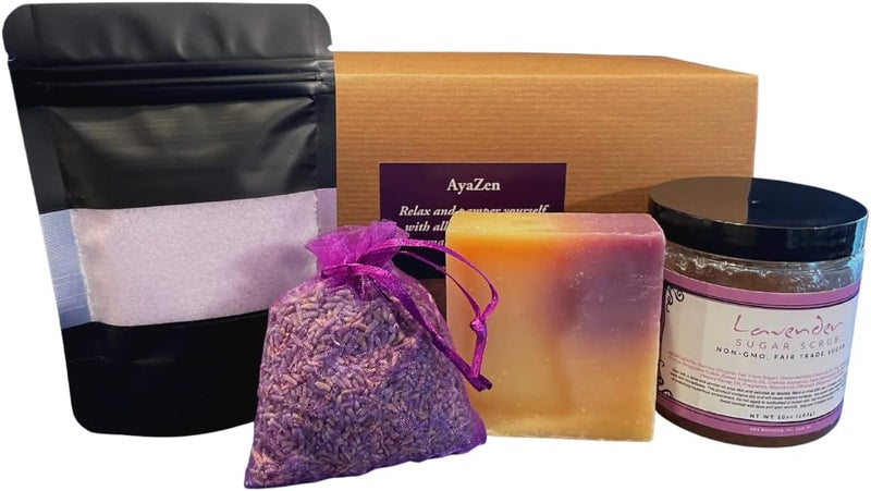 AyaZen Lavender Aromatherapy Bath Body Spa Gift Set Artisanal Sugar Scrub Soap Epsom Salts Sachet Made in USA - Image 1