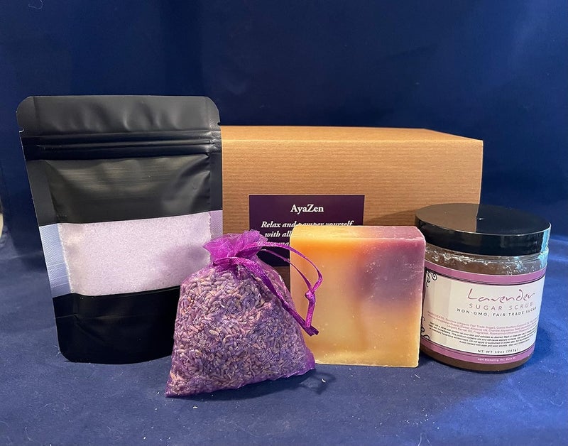 AyaZen Lavender Aromatherapy Bath Body Spa Gift Set Artisanal Sugar Scrub Soap Epsom Salts Sachet Made in USA - Image 4