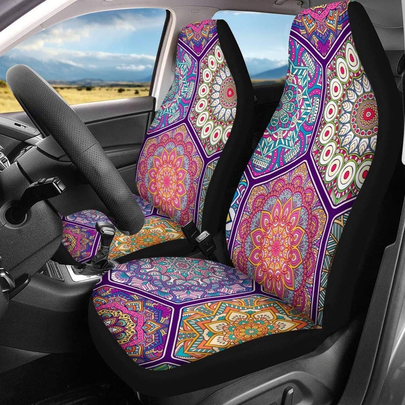 TOADDMOS Decorative Colorful Mandalas Patchwork Boho Flower Pattern Car Seat Covers Set of for 2 Front Seats,Auto Accessories Protectors Decor Universal Fit for Car Truck SUV - Image 2