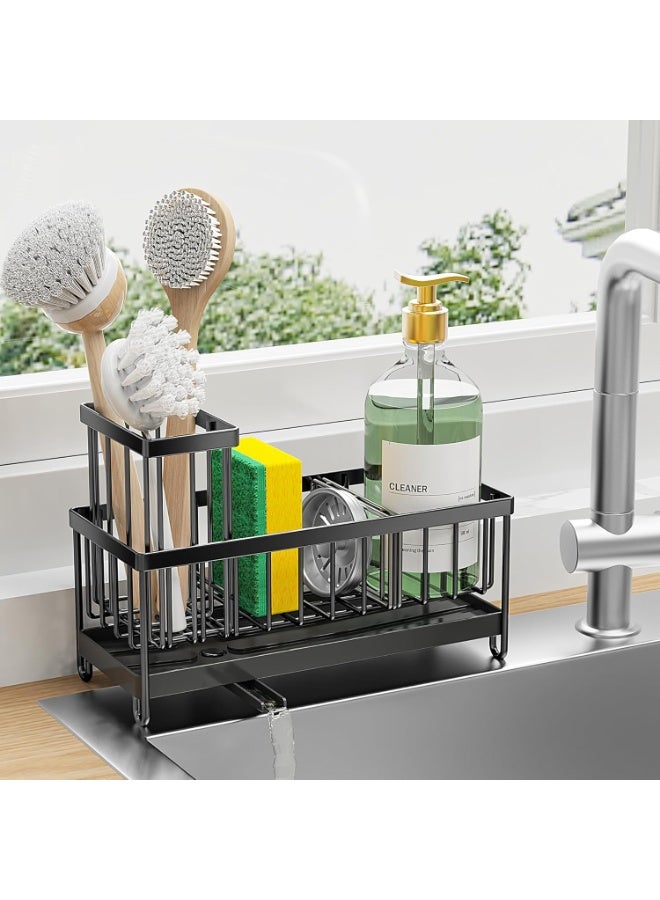 Sponge Holder for Kitchen Sink, Sink Caddy with High Brush Holder, Organzier Rustproof 304 Stainless Steel Dish Organizer Divider, Soap Dispenser Storage - Image 1