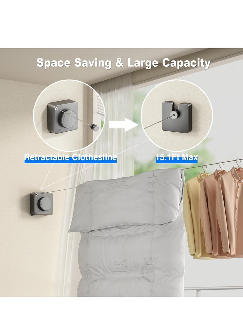 Heavy Duty Retractable Clothesline for Indoor and Outdoor Use, Wall Mounted Stainless Steel Laundry Line, 15.1 Feet Long, Non-Sagging Design in Grey - Image 2
