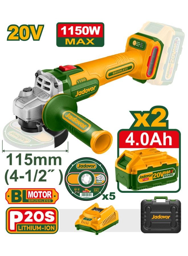Jadever Brushless Cordless Angle Grinder with 2 Batteries