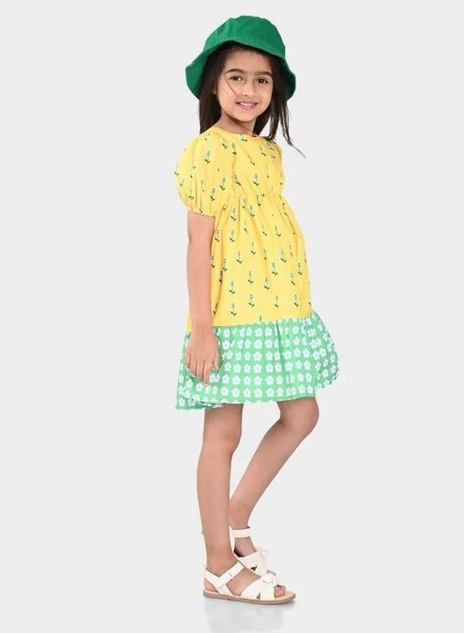 Bonkids Girl's Multicolour 100% Cotton Printed Regular Fit Dress