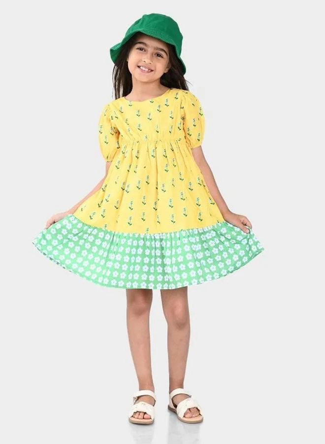 Bonkids Girl's Multicolour 100% Cotton Printed Regular Fit Dress