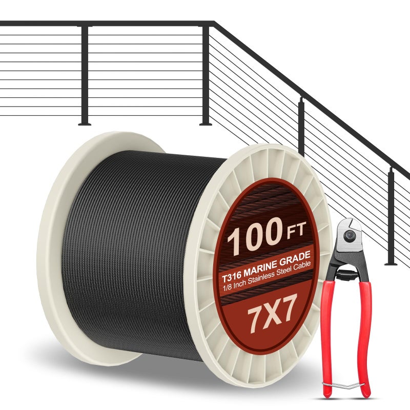 BLIKA 100FT 1/8" Black Stainless Steel Cable with Cutter, T316 Marine Grade, Stainless Steel Wire Rope 7x7 Strand Construction, 1850lbs Breaking Strength Aircraft Cable for Deck Railing - Image 1
