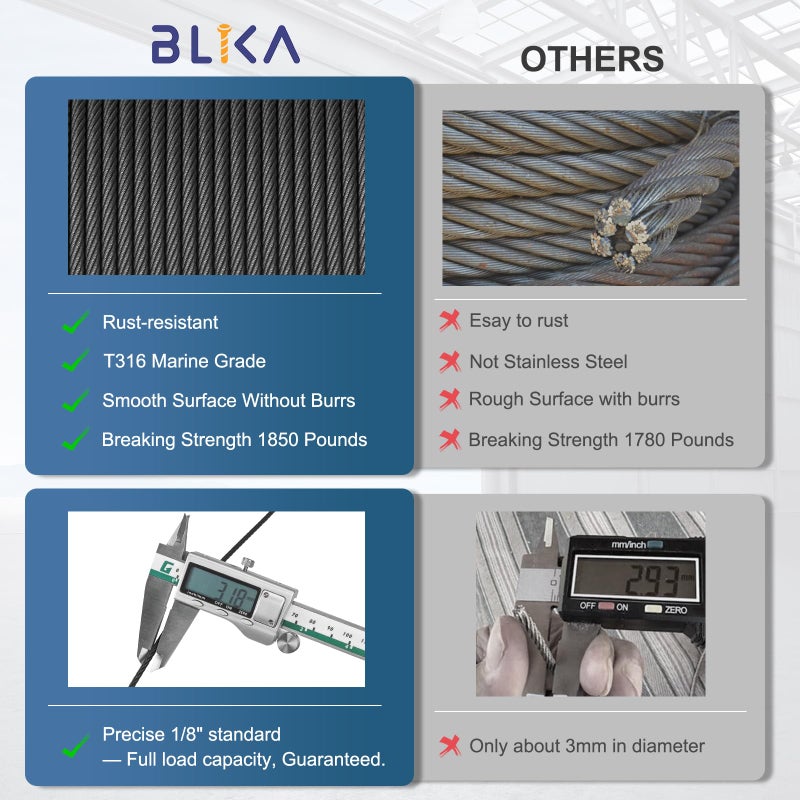BLIKA 100FT 1/8" Black Stainless Steel Cable with Cutter, T316 Marine Grade, Stainless Steel Wire Rope 7x7 Strand Construction, 1850lbs Breaking Strength Aircraft Cable for Deck Railing - Image 3