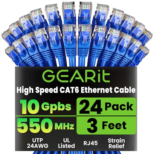 GearIT Cat 6 Ethernet Cable Pack - 24-Pack 3 ft Cat6 Ethernet Patch Cables | RJ45 Network Patch Cable, 10 Gbps Snagless Gold-Plated Connectors - Ethernet Cable Cat 6 for PC, TV, Router - Blue - Image 1
