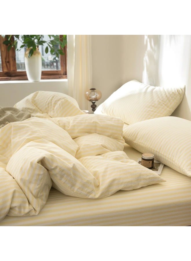 FOSSA Striped Duvet Cover Set 100% Washed Cotton Linen Feel Super Soft Breathable Cozy 3 Pieces Bedding Sets Pastel Yellow Classic Stripes Queen - Image 2