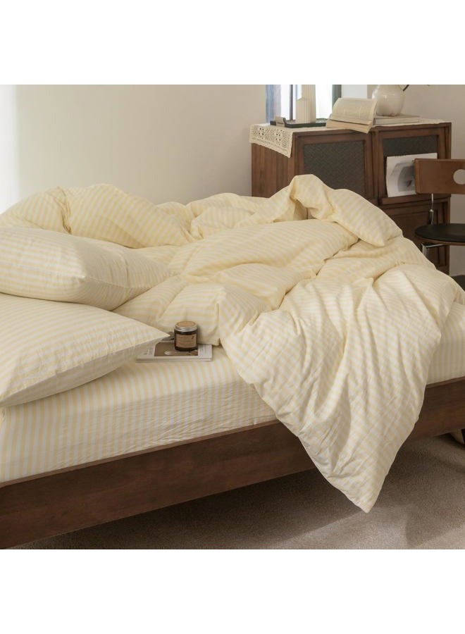 FOSSA Striped Duvet Cover Set 100% Washed Cotton Linen Feel Super Soft Breathable Cozy 3 Pieces Bedding Sets Pastel Yellow Classic Stripes Queen - Image 5