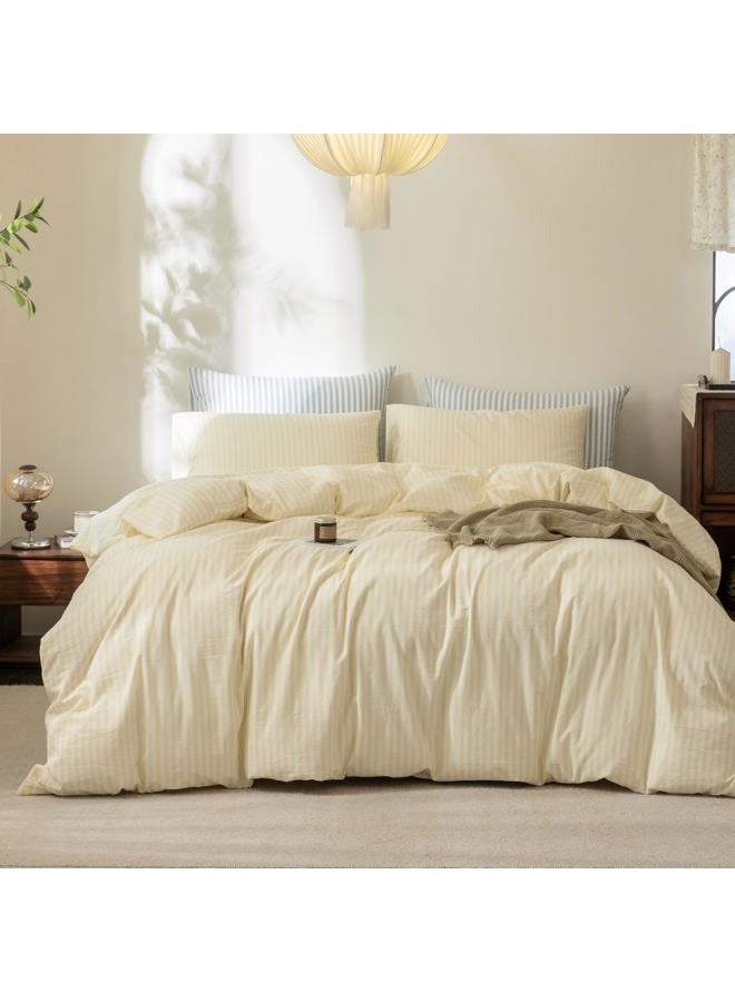 FOSSA Striped Duvet Cover Set 100% Washed Cotton Linen Feel Super Soft Breathable Cozy 3 Pieces Bedding Sets Pastel Yellow Classic Stripes Queen - Image 1