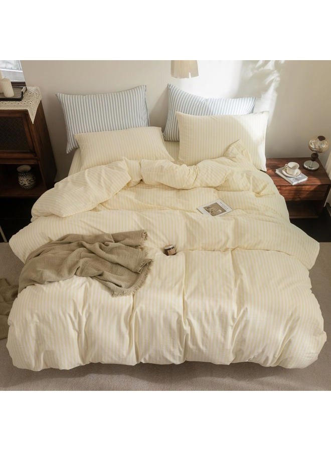 FOSSA Striped Duvet Cover Set 100% Washed Cotton Linen Feel Super Soft Breathable Cozy 3 Pieces Bedding Sets Pastel Yellow Classic Stripes Queen - Image 3