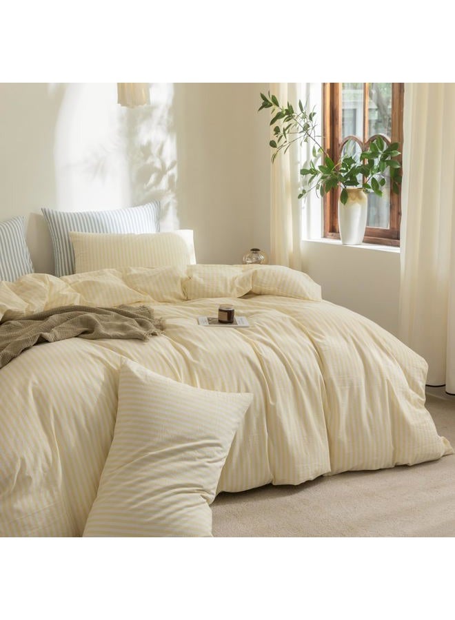 FOSSA Striped Duvet Cover Set 100% Washed Cotton Linen Feel Super Soft Breathable Cozy 3 Pieces Bedding Sets Pastel Yellow Classic Stripes Queen - Image 4