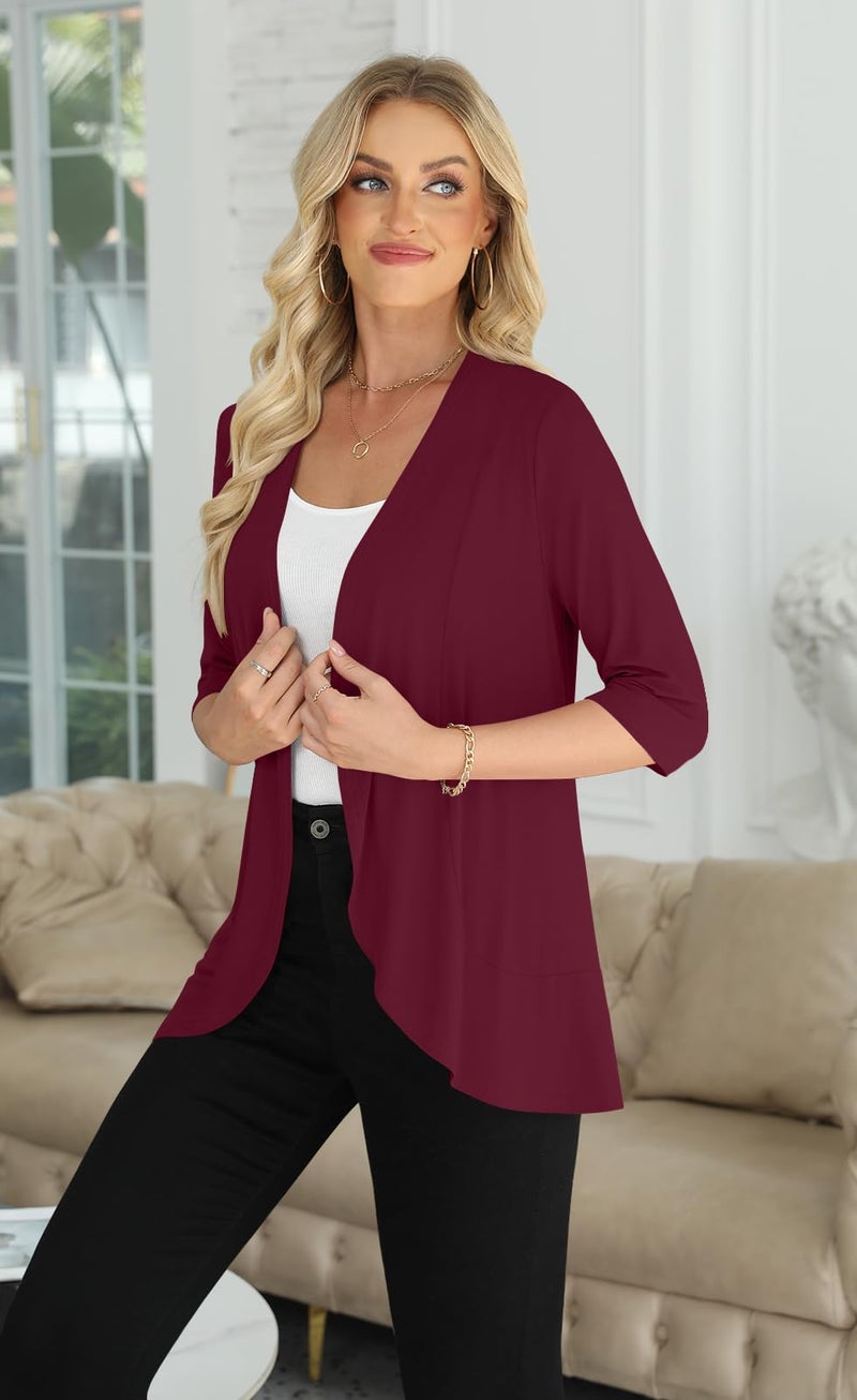 Yincro Women's 3/4 Sleeve Cardigan Casual Lightweight Soft Open Front Cardigans (Burgundy, XL) - Image 4
