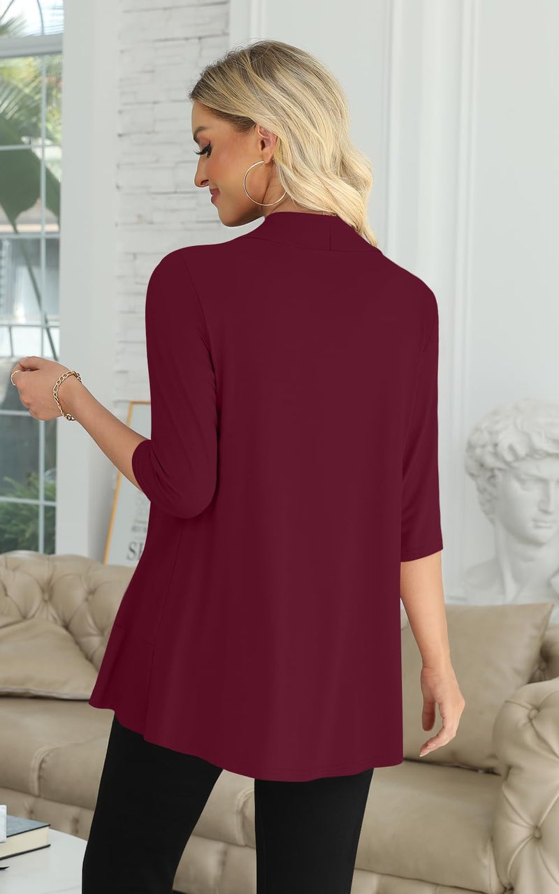 Yincro Women's 3/4 Sleeve Cardigan Casual Lightweight Soft Open Front Cardigans (Burgundy, XL) - Image 2