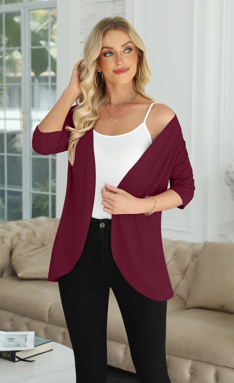 Yincro Women's 3/4 Sleeve Cardigan Casual Lightweight Soft Open Front Cardigans (Burgundy, XL) - Image 3