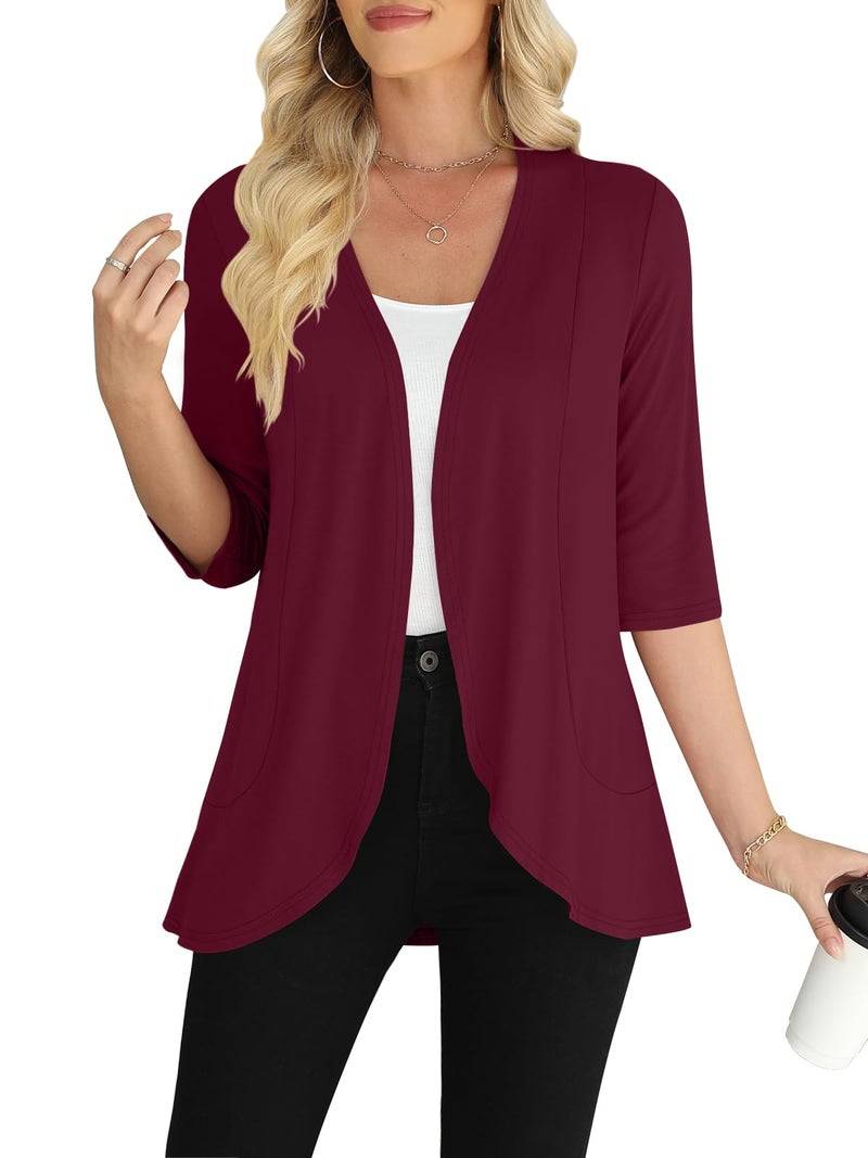 Yincro Women's 3/4 Sleeve Cardigan Casual Lightweight Soft Open Front Cardigans (Burgundy, XL) - Image 1