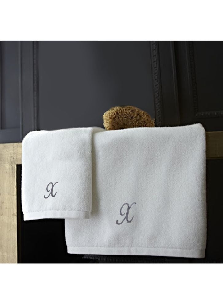 BYFT Embroidered For You (White) Luxury Monogrammed Towels (Set of 1 Hand & 1 Bath Towel) premium Cotton, Highly Absorbent and Quick dry Bath Linen-600 Gsm (Silver Letter A)