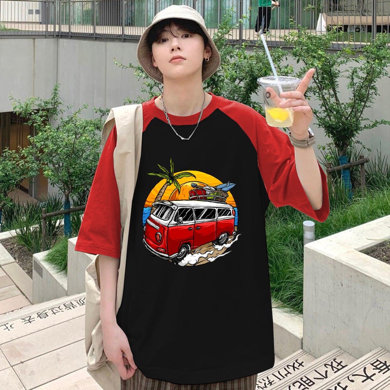 2023 Men'S And Women'S Raglan Short Sleeve Retro Bus Seven-Point Sleeve Raglan Round Neck Short Sleeve T-Shirt - Image 3