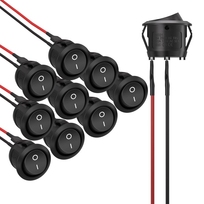 APIELE مجموعة من 10 مفاتيح تحكم من نوع Rocker Switch من ، بتصميم دائري ومزودة بـ 2 طرف، قابلة للتثبيت بسهولة (Snap-in)، مخصصة للاستخدام في السيارات والقوارب والأجهزة المنزلية. تدعم تيارات كهربائية متنوعة: AC 6A/250V، 10A/125V، 12VDC، ومسبقة التوصيل بالأسلاك. - Image 1