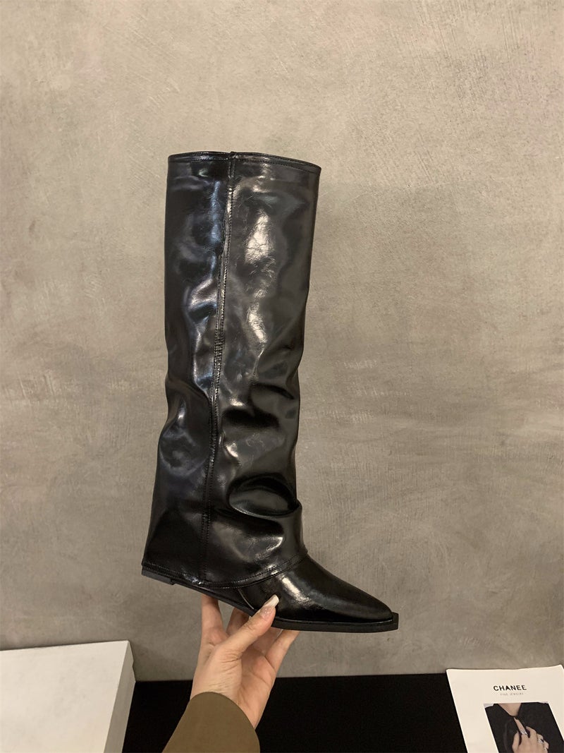 Wedge Heel High Heel White Trouser Boots Women'S Shoes 2024 Brown Maillard Heap Long Barrel Knight Boots - Image 1