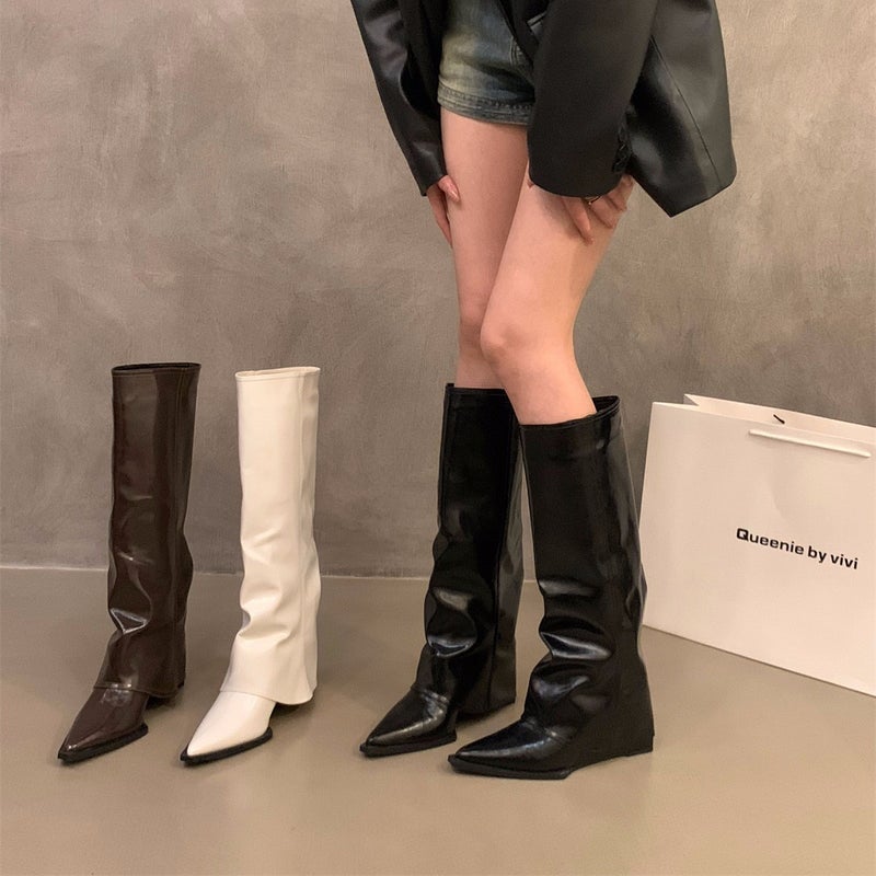 Wedge Heel High Heel White Trouser Boots Women'S Shoes 2024 Brown Maillard Heap Long Barrel Knight Boots - Image 3