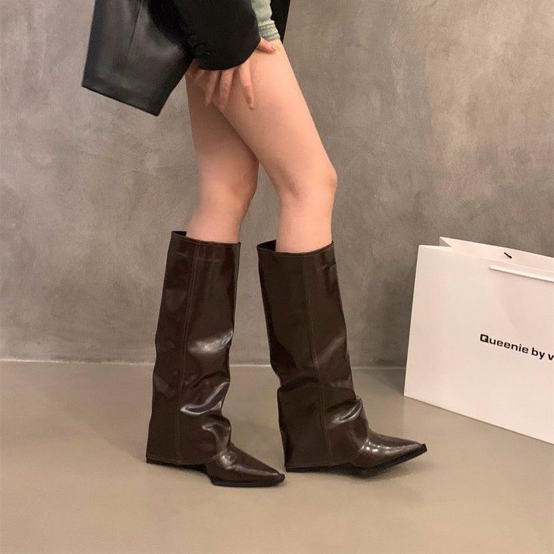 Wedge Heel High Heel White Trouser Boots Women'S Shoes 2024 Brown Maillard Heap Long Barrel Knight Boots - Image 2