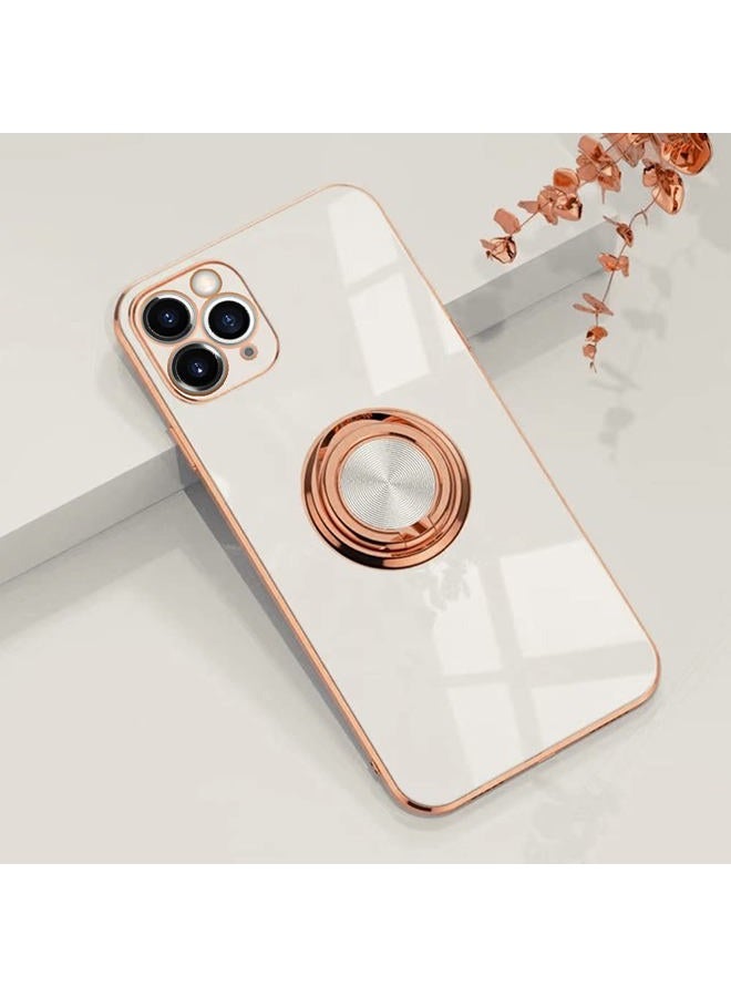 Omorro Compatible with Rose Gold iPhone 14 Pro Case for Women Girls Kickstand Ring Holder 360 TPU Rotation Ring Case with Stand Plating Edge Work with Magnetic Mount Slim Luxury Case, Black - Image 1