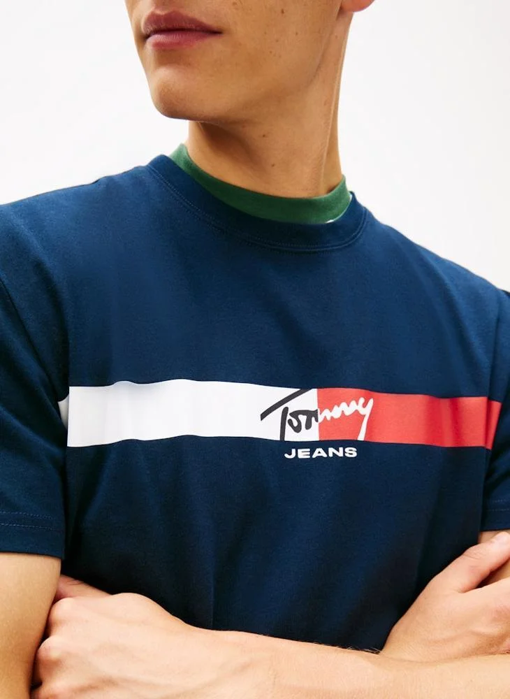 Tommy Jeans Dark Night Navy Signature Logo Jersey T-Shirt for Men | Best Price UAE