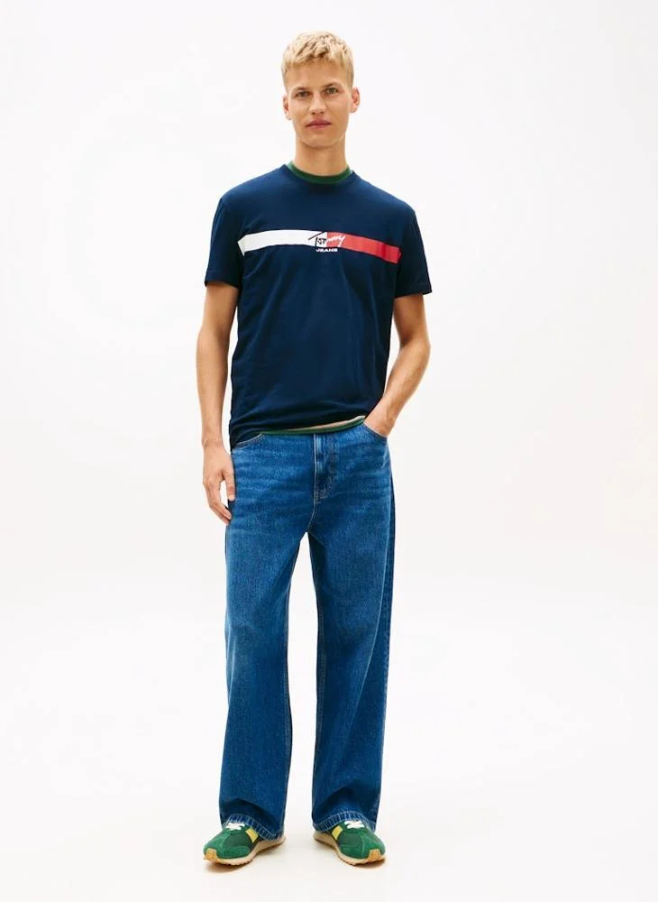 Tommy Jeans Dark Night Navy Signature Logo Jersey T-Shirt for Men | Best Price UAE