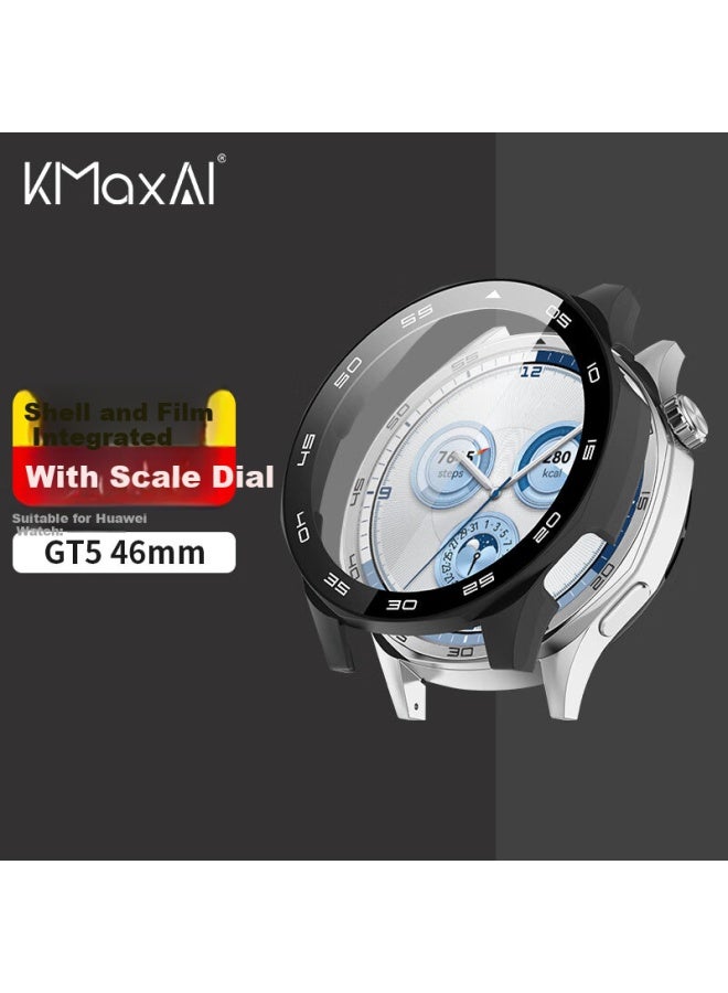 Kmaxai Protective Case + Film For Huawei Watch Gt5 46mm, Full Coverage Watch Case With Screen Protector, Scratch-resistant, Anti-fingerprint, Anti-drop Hard Shell Tempered Glass Film, Black - Image 1
