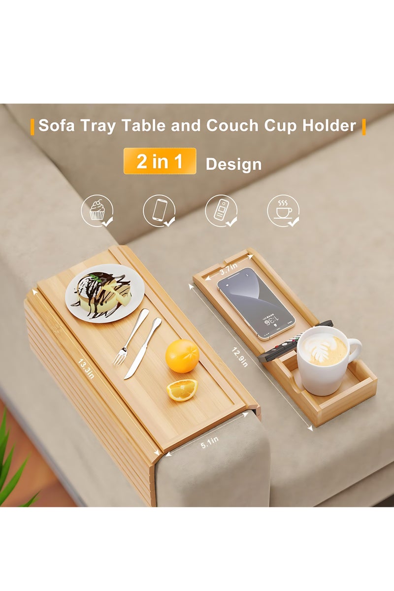 Generic Solid Wood Foldable Sofa Armrest Tray Shelf with Cup Holder & Anti-Slip Design, Multi-Functional Couch Side Table for Home, Family Gatherings & Entertaining  - Image 1
