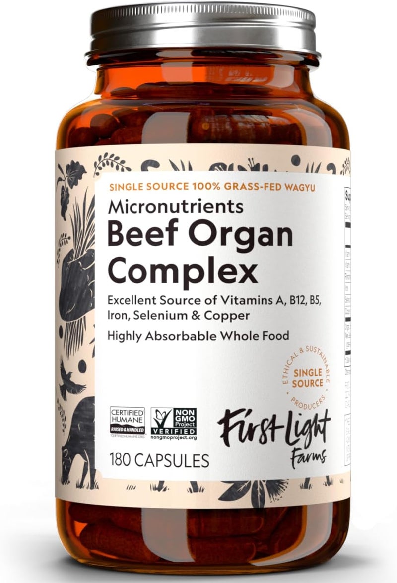 First Light مكمل لحم البقر العضوي المجفف بالتجميد من فارمات فيرست لايت واغيو 180 كبسولة تغذية غذائية كاملة مع كبد وقلب وكلى وطحال معقد لحم البقر العضوي معتمد إنسانياً - Image 1