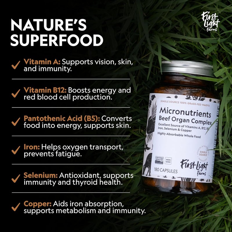 First Light مكمل لحم البقر العضوي المجفف بالتجميد من فارمات فيرست لايت واغيو 180 كبسولة تغذية غذائية كاملة مع كبد وقلب وكلى وطحال معقد لحم البقر العضوي معتمد إنسانياً - Image 2