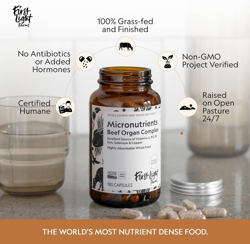 First Light مكمل لحم البقر العضوي المجفف بالتجميد من فارمات فيرست لايت واغيو 180 كبسولة تغذية غذائية كاملة مع كبد وقلب وكلى وطحال معقد لحم البقر العضوي معتمد إنسانياً - Image 5